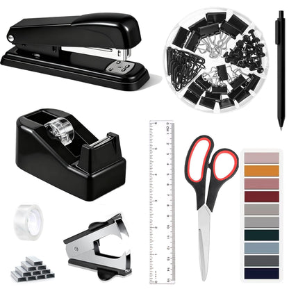 Dimonluce Office Desk Accessories, Black Office Supplies Accessories with Tape Dispenser, Stapler, Staple Remover, 1000 Staples, Tape, Clips Set, Ruler, Scissor, Pen