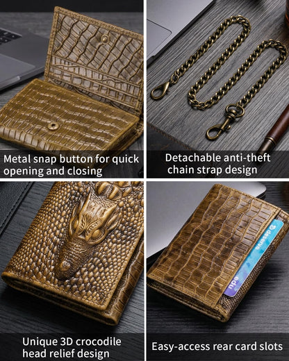 Steel Lion Mens Trifold Wallet Leather RFID Blocking, Crocodile Embossed Slim Wallet with 2 ID Window, 11 Card Slots, Detachable Anti-Theft Chain, Compact Wallet for Business Travel Daily Use (Brown)