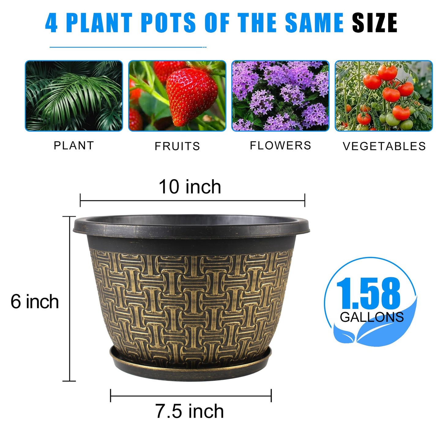 Nooulap 10 Inch 4 Pack Flower Pots for Outdoor, Plant Pots Outdoor with Drainage Holes and Trays, Retro Antique Imitation Plastic Garden Pots for Planter Indoor (Gold)