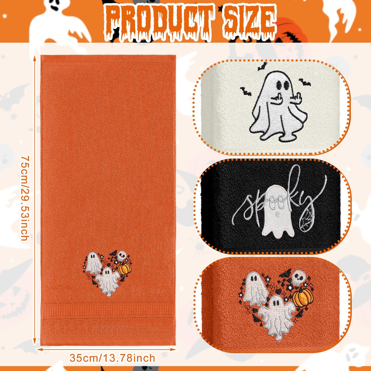 FuWeave 3 Pcs Halloween Hand Towels Funny Spooky Ghost Embroidered Decorative Hand Towels for Bathroom Kitchen Decor Set, 100% Cotton, 13.3 x 29.5 Inches