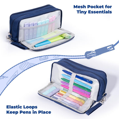 Four Candies Blue Pencil Case 3 Compartment Pouch, Large Pencil Case for School, Girls, Teen Boys, Women, Dark Blue, Removable Handle & Zipper, Cute Pencil Bag for Office, College
