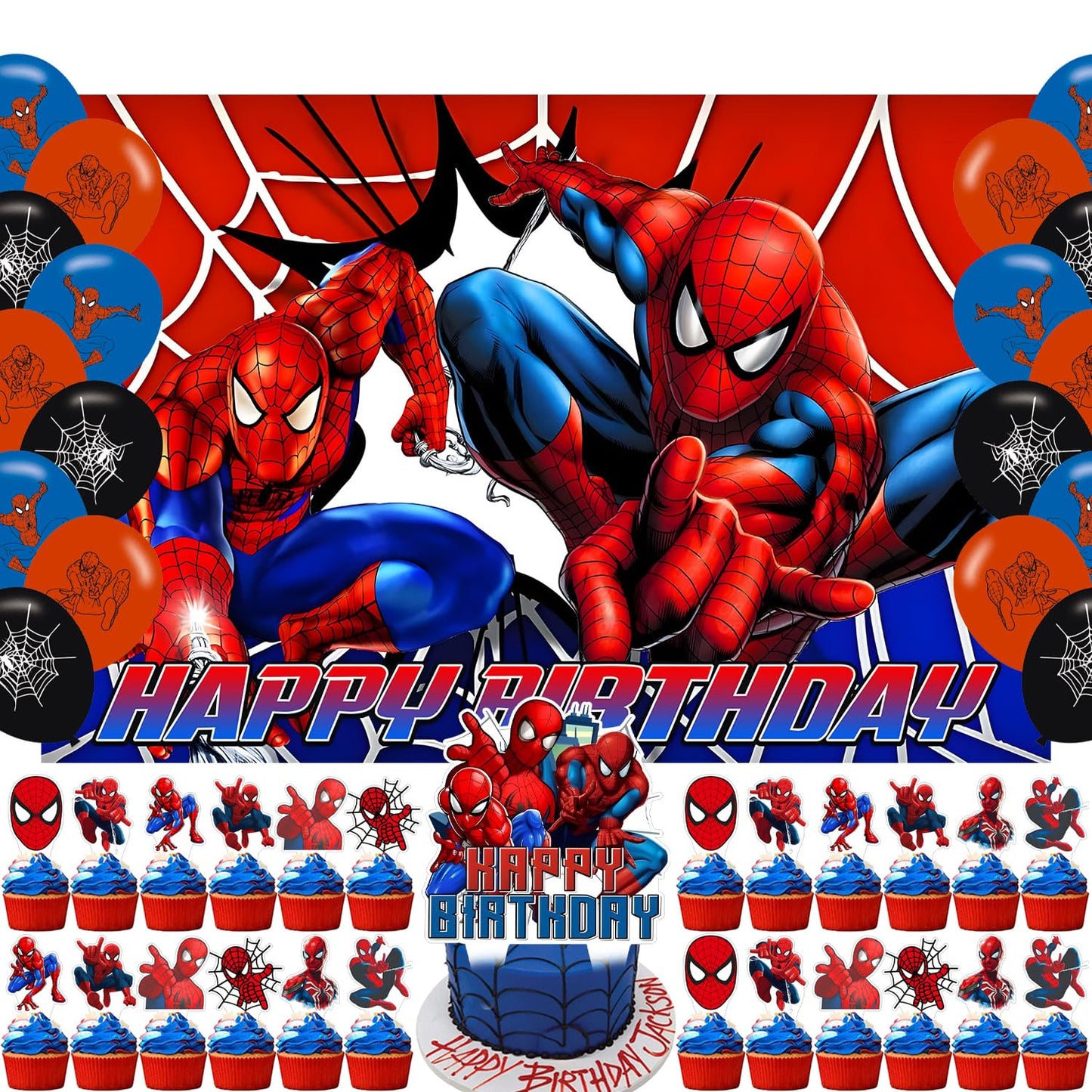 Spider Web Birthday Decorations Include Latex Balloon,Cupcake Topper, Happy Birthday Balloons,Backdrop Set for Boys Kids Cartoon Party Supplies