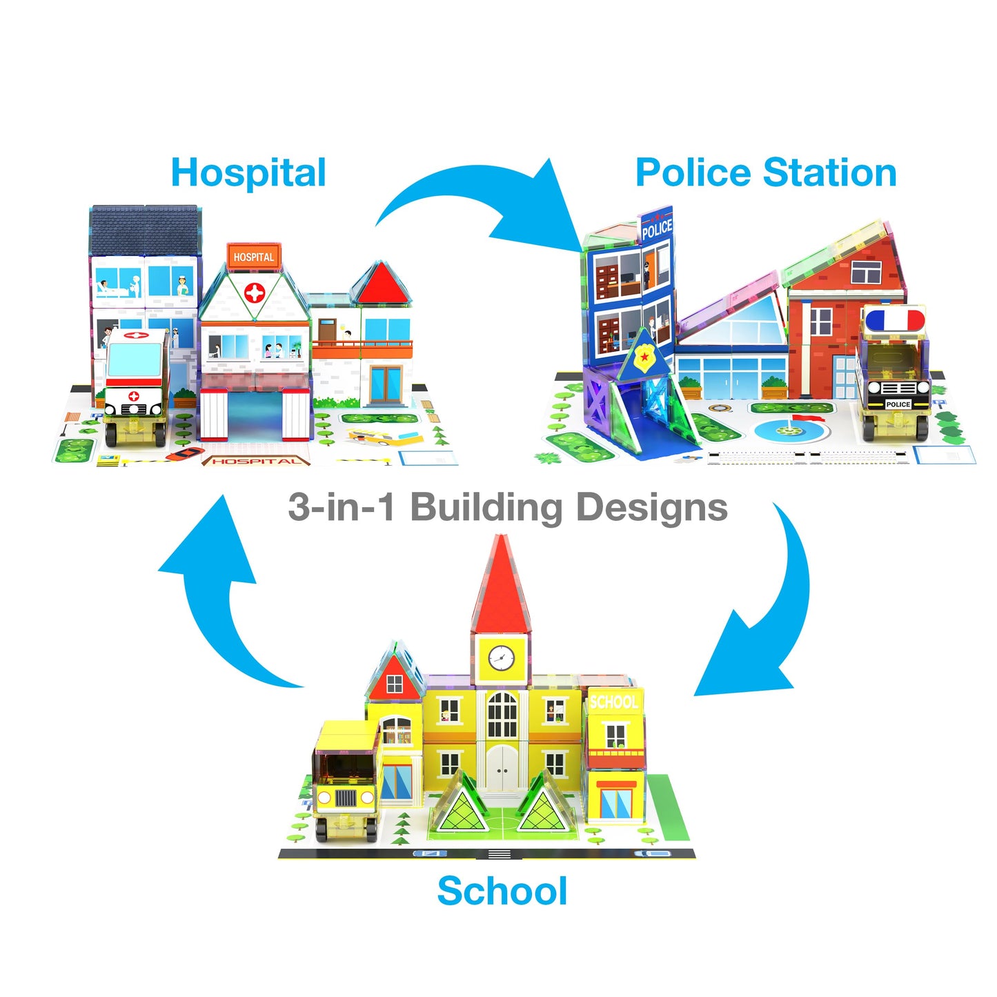 PicassoTiles 3-in-1 Theme Set School Hospital Police Station Magnet Self Adhesive Backing Stick-On Sheet Combo w/Car Magnet Building Block Playset STEM Learning Construction Brain Development Kit
