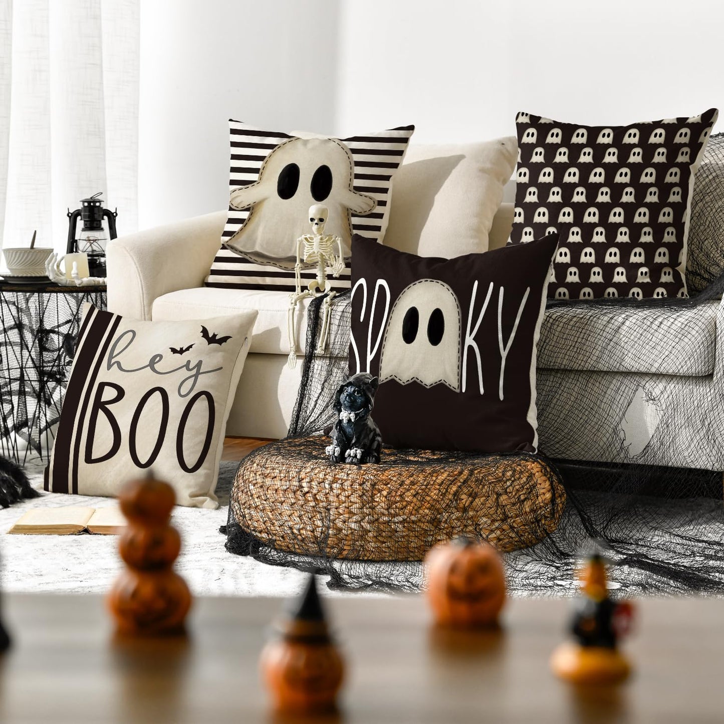 AVOIN colorlife Halloween Hey Boo Cute Ghost Spooky Throw Pillow Covers, 18 x 18 Inch Trick or Treat Let's Get Spooky Cushion Case for Sofa Couch Set of 8