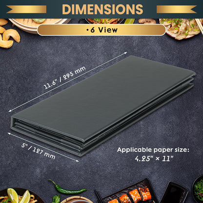 AMGSH Menu Holder Menu Covers 4.25" x 11" | 10 Pack Black Leather Menu Sleeves Book Style for Restaurant Coffee Bars Wine List (6 View, 10 Pack)