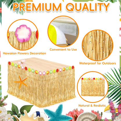 2 Pack Hawaiian Grass Table Skirt 108" x 29.5", Laua Party Decorations Grass Skirt for Table with Flowers, Hawaiian Party Decor for Luau Birthday Beach Tropical Summer Party Supplies