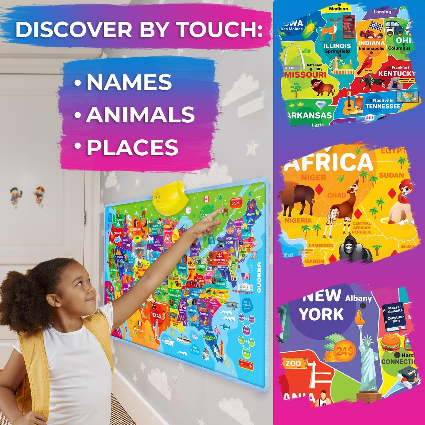 QUOKKA Educational Toys for Kids 5-7 Year Old - USA World Maps Puzzle Learning Wall Chart for Toddlers Age 3 4 6+ - Interactive Speech Therapy Poster Boy Girl - Autism Geography Puzzle Game 8-10-12