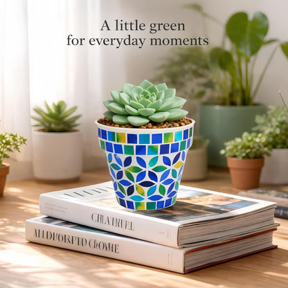 VOREEN Handmade Mosaic Planter, Small Terracotta Pot with Glass Mosaic Exterior and Drainage Hole, Decorative Indoor Outdoor Plant Pot for Succulents, Cactus, Desk, Shelf, Windowsill, Patio & Garden