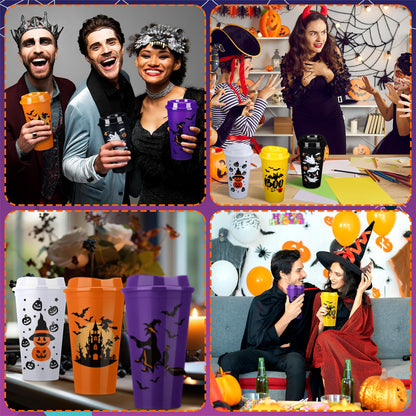 Pickmesh 12 Pack Halloween Reusable Coffee Cup Gift Bulk 16 oz Witch Bat Pumpkin Black Cat Horror Pattern Tumblers with Lid Plastic Cups Travel Coffee Mug Thank You Gifts for Hot and Cold Drinks