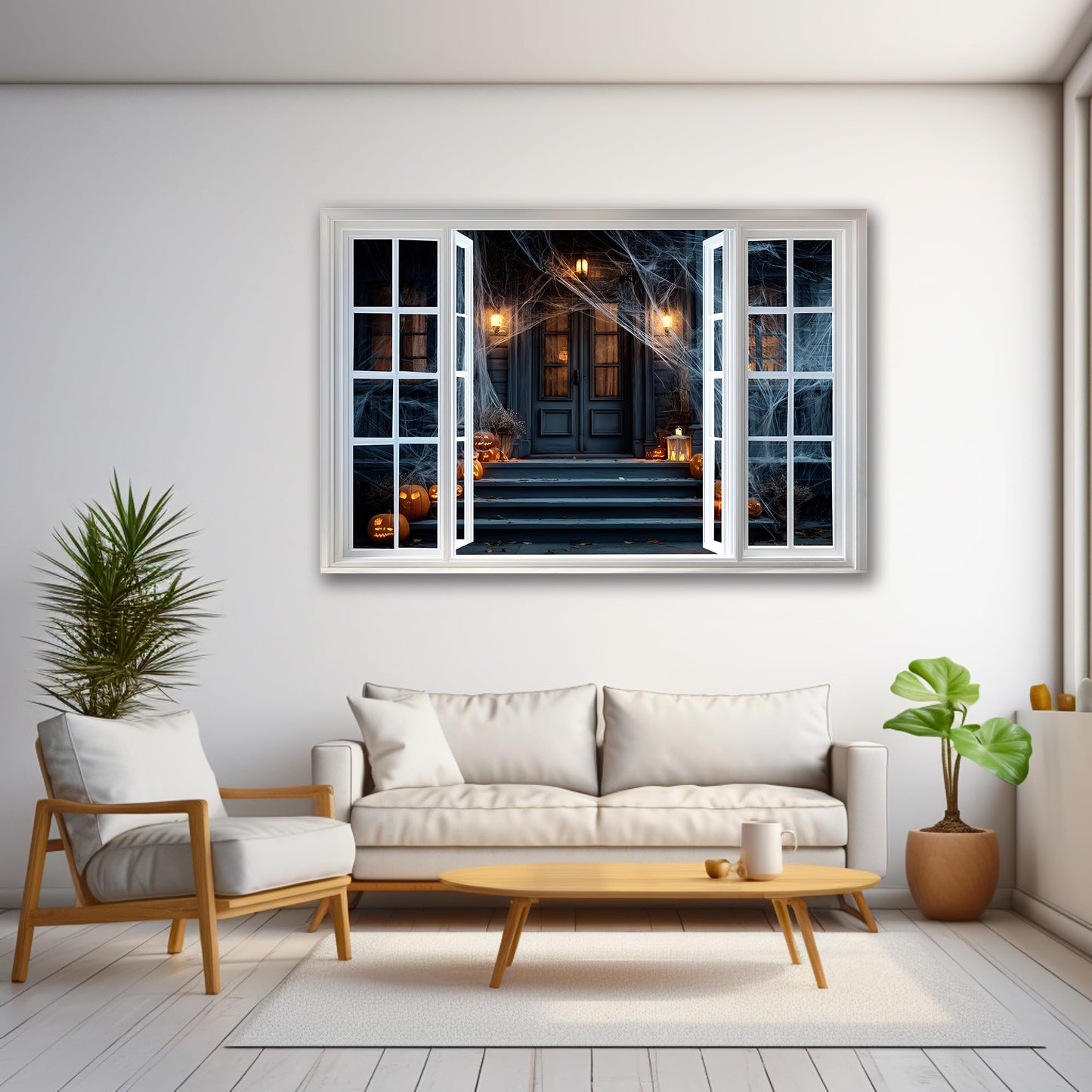 WOOHOOROO Peel and Stick Halloween Fake Window Sticker,Spooky House Scene Wall Decal with Pumpkins and Spider Webs,Removable Self-Adhesive Mural for Home Decor,32" x 48"