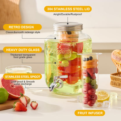 1 Gallon Glass Beverage Dispenser Set of 2 with Stand & Fruit Infuser, Stainless Steel Spigot, Beverage Dispenser for Parties, Weddings, BBQs, Lemonade, Sun Tea, Juice & Cold Drinks