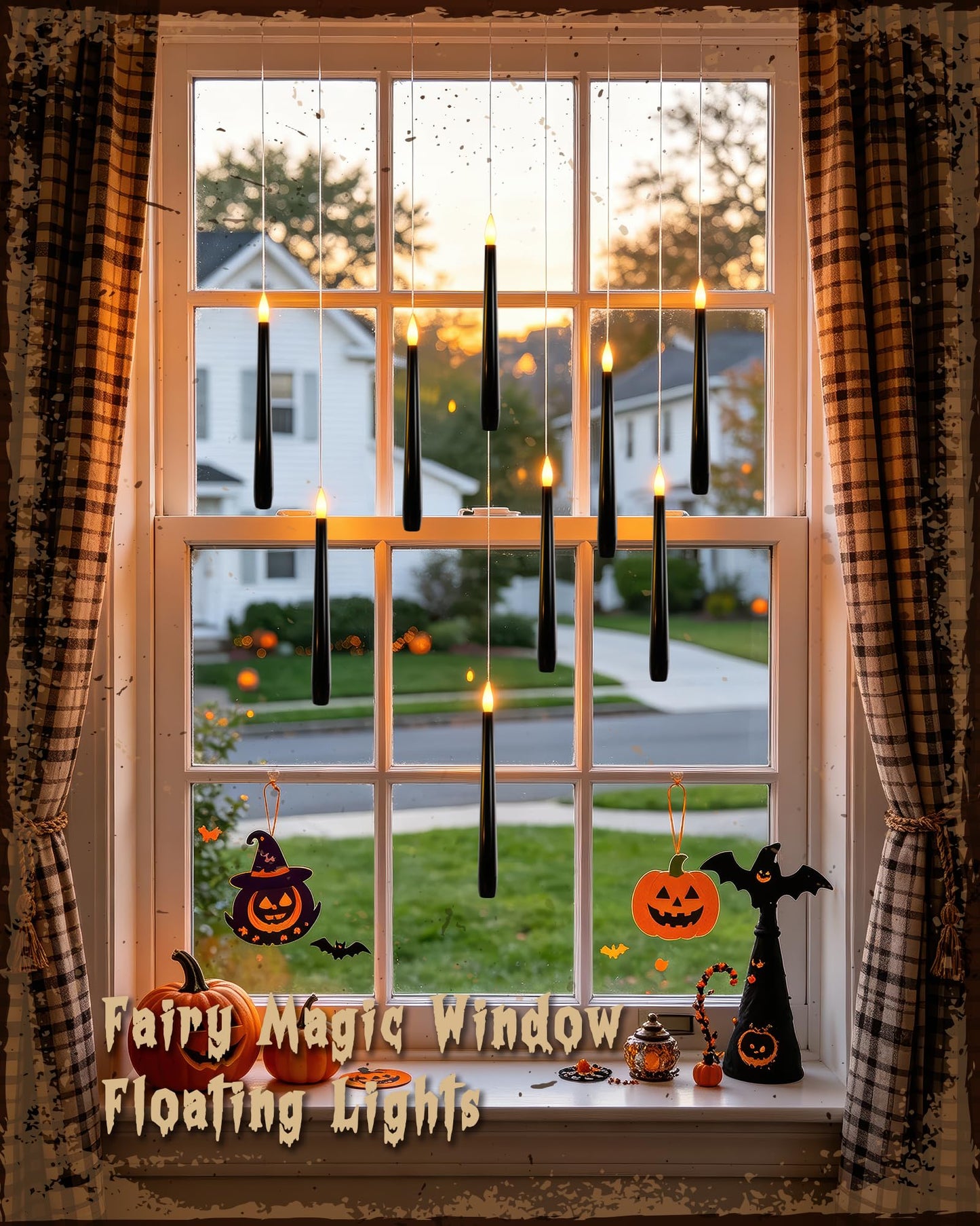 Meigic 20PCS Black Floating and Hanging Flameless Taper Candles with Wand Remote, Battery Operated Gothic Halloween Candles with Flickering Amber Glow for Haunted House, Witchy Dinner, Ceiling Decor