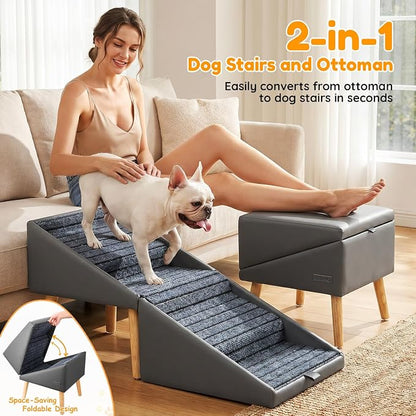 17" H Dog Stairs for Small Dogs – 4-Step Non-Slip Dog Ramp for Couch, Foldable 2-in-1 Pet Stairs & Ottoman, Upgraded Pet Steps for Puppies, Senior Dogs & Injured Pets, Solid Wood Frame (Grey)