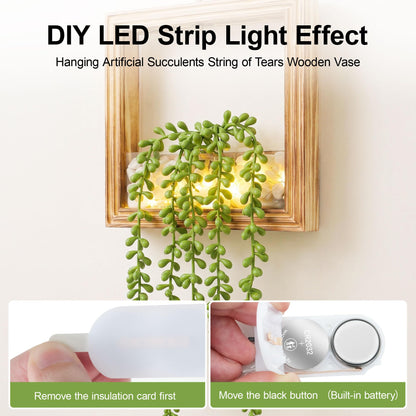 FancyPlus 2 Pack Fake Plants Hanging, Artificial Succulents Plants in Square Wooden Frame with LED Lights, Boho Wall Decor for Office Living Room Bathroom Bedroom Kitchen Indoor Outdoor, Burnt Wood