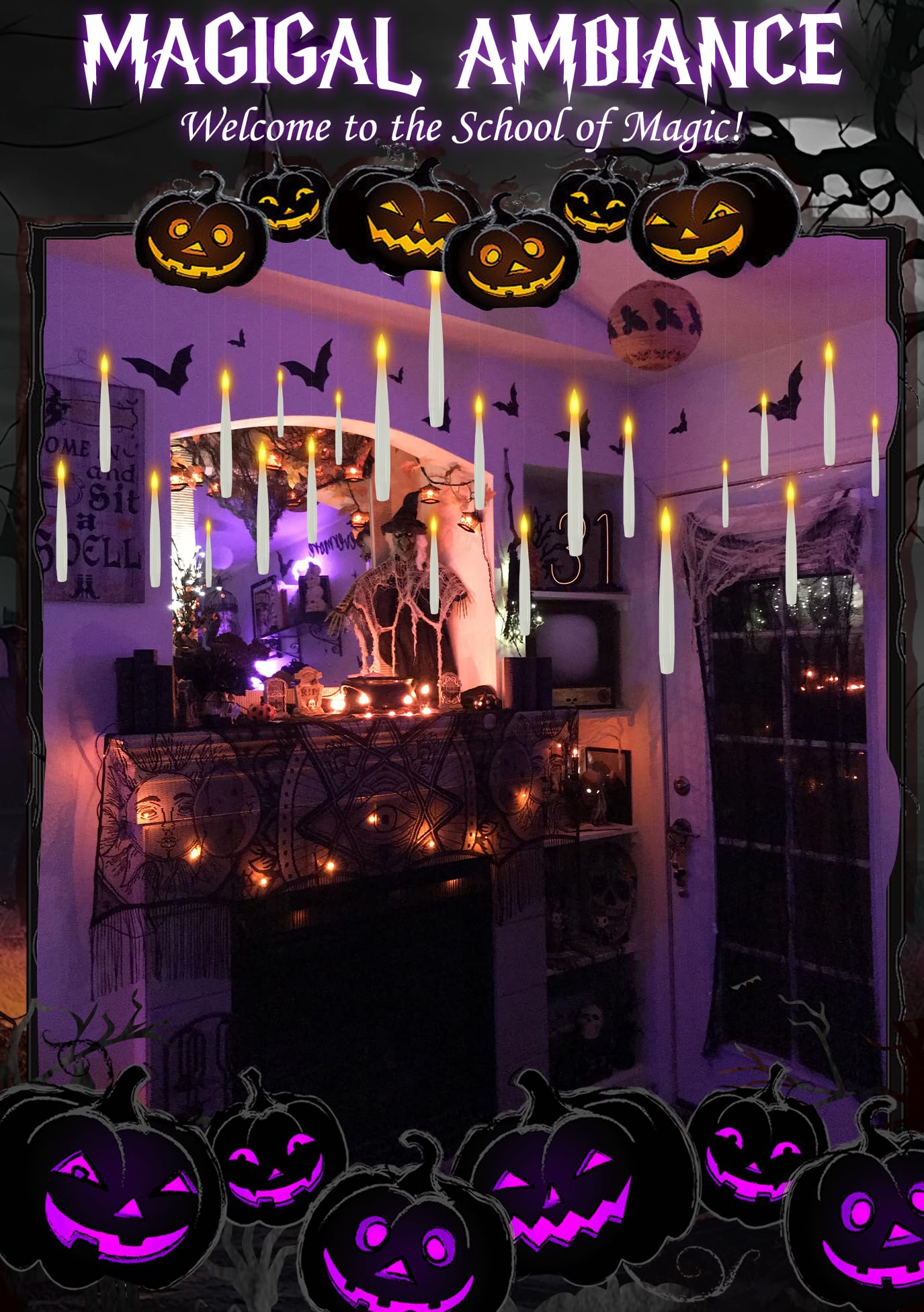 Dreacompy Halloween Decoration, Floating Candles with Wand, 10 PCs Flameless Magic Hanging Candles with 11 AAA Battery, Flickering Warm Light Floating LED Candle Taper Candle Set Birthday, Xmas Gift
