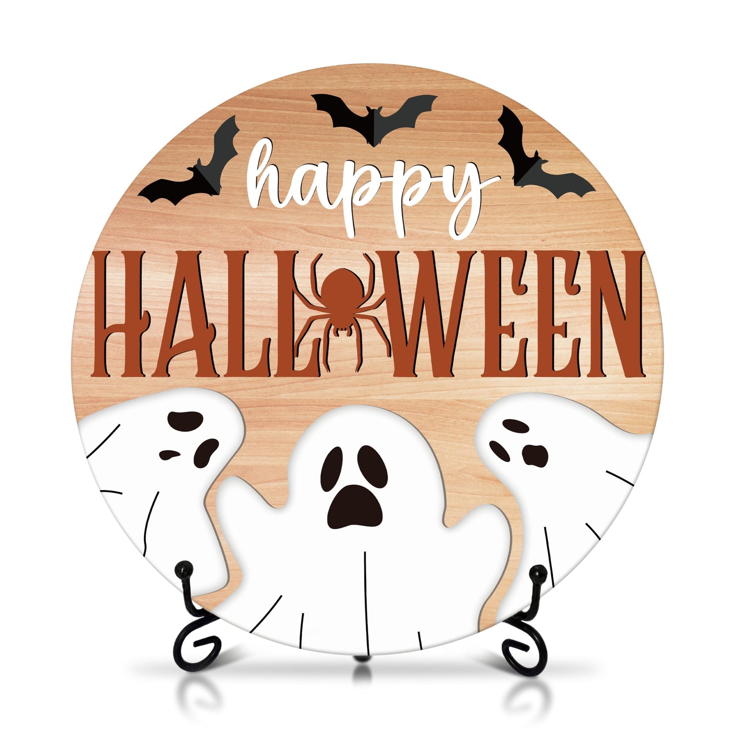 Seclate Halloween Desk Decorations for Home, Spider Wooden Table Centerpieces for Office Living Room Shelf Decor, Bat Ghost Gifts for Women Friends - E09