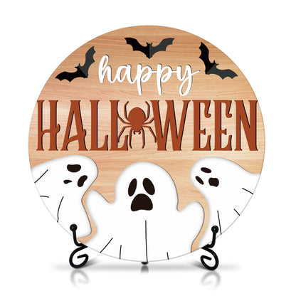 Seclate Halloween Desk Decorations for Home, Spider Wooden Table Centerpieces for Office Living Room Shelf Decor, Bat Ghost Gifts for Women Friends - E09