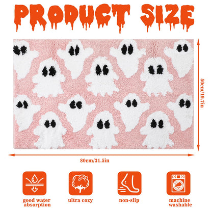 JarThenaAMCS Halloween Bathroom Rug Pink White Little Boo Bath Mat Non Slip Doormat Spooky Ghost Holiday Front Mat for Indoor Living Room Home Decoration