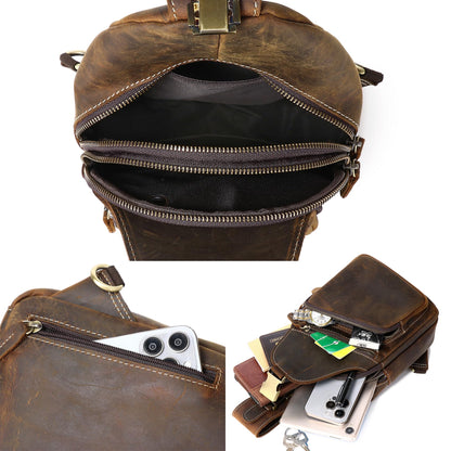 Vintage Full Grain Genuine Leather Sling Bag Men Women Crossbody Chest Shoulder Backpack Daypack Travel Hiking Deep Brown