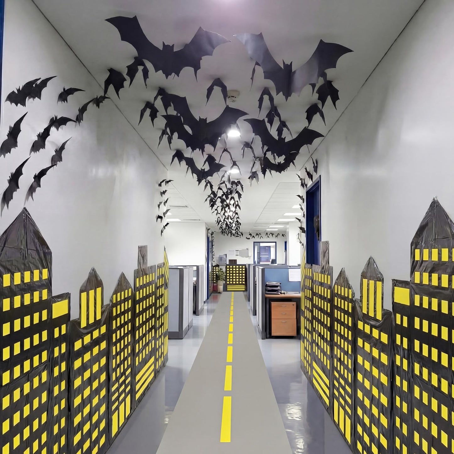 Preboun Bat Theme Party Decorations Skyscraper City 8.2x3.3 ft Backdrop with 9.8x1.3ft Road Rug 3D Bat Cutouts Modern City Backdrop Hero Birthday Decor for Hallway Wall Background Photo Props