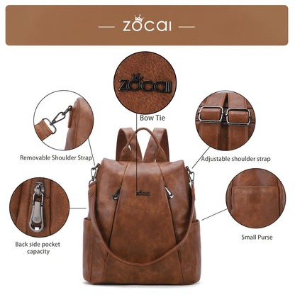 ZOCAI Backpack Purse for Women Medium Anti-Theft Backpacks Purses Design Leather Shoulder Bags with Removable Strap