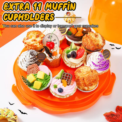 Zhehao 10 Inch Fall Cake Carrier Holds, Pumpkin Cake Stand with Lid and Handle, Halloween Autumn Harvest Plastic Transport Storage Container, Suitable for Transporting Pies, Cupcakes and More(Orange)