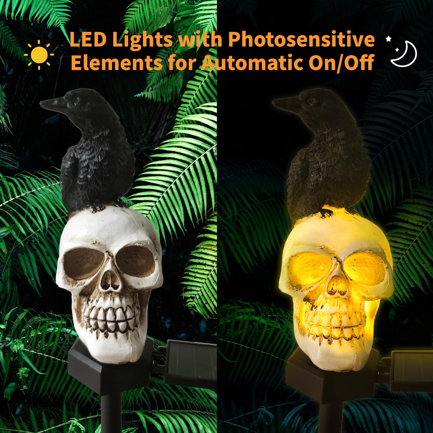 QH & Garden Halloween Outdoor Decoration Solar Lights, Waterproof Ghost Lights, Skull Solar Garden Statue with Black Crow on Skull, Skeleton Stakes with LED, Stunning Halloween Decorations