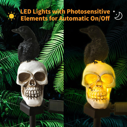 QH & Garden Halloween Outdoor Decoration Solar Lights, Waterproof Ghost Lights, Skull Solar Garden Statue with Black Crow on Skull, Skeleton Stakes with LED, Stunning Halloween Decorations