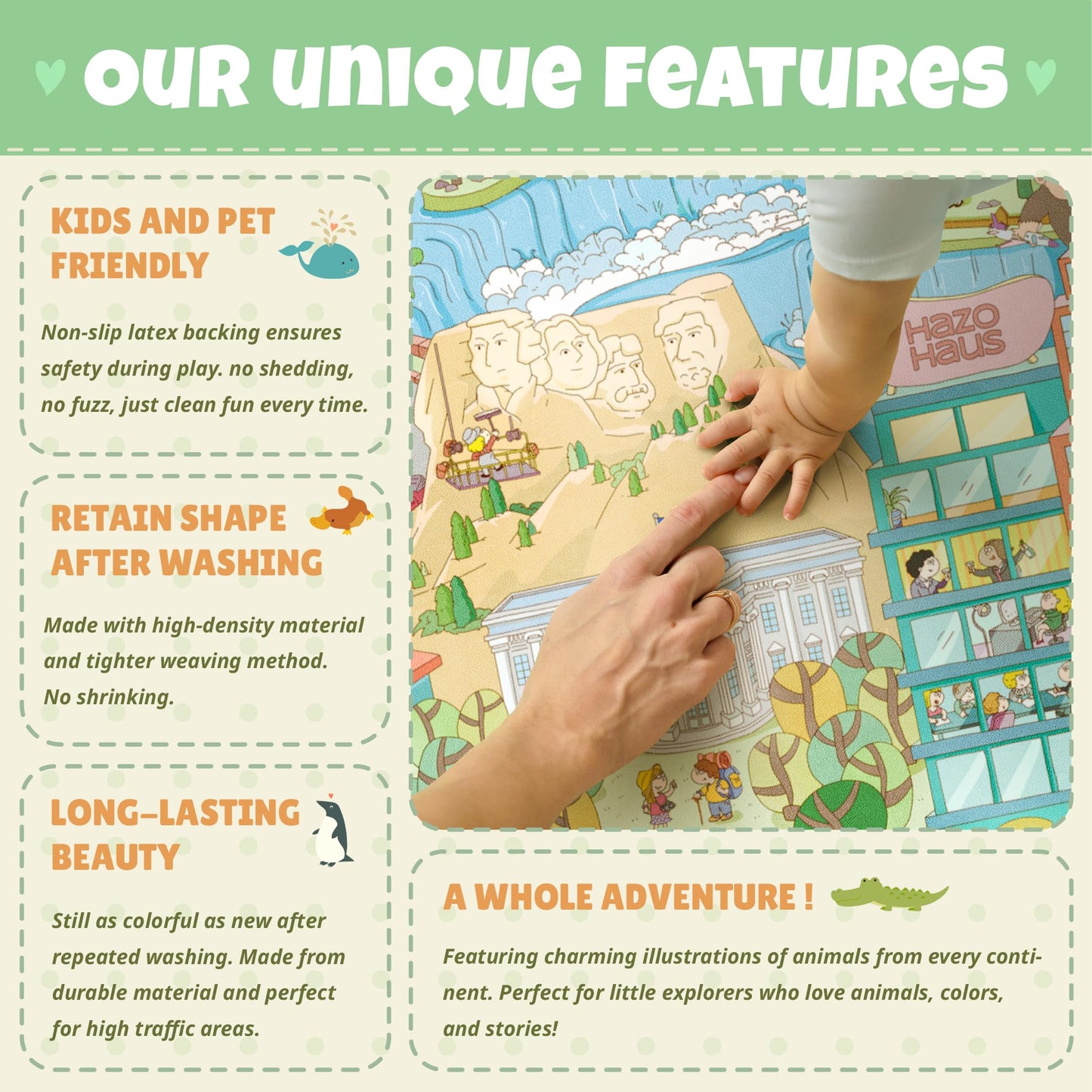 Large Kids Area Rug 6x9 – Interactive North America Map Carpet with States, Animals & Famous Landmarks – Soft Non-Slip Learning Play Mat for Kindergarten, School, or Bedroom Décor
