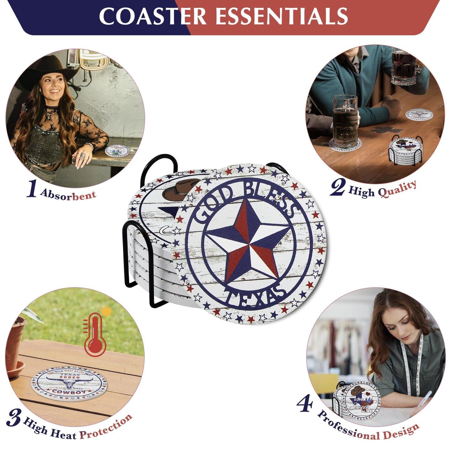 Texas Souvenirs Gifts for Men Women,Travel Souvenir Coaster Set of 6,Drink Absorbent Coasters with Holder, Coffee Table Decor Ceramic Stone Coaster for New Home, Apartment Kitchen Bar
