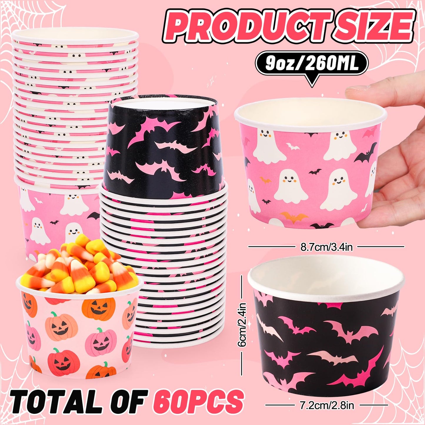 Whaline 60 Pcs Halloween Snack Cups Pink Black Pumpkin Ghost Bats Disposable Bowls 9oz Ice Cream Dessert Treat Paper Bowls for Hot Iced Food Birthday Trick or Treat Party Supplies