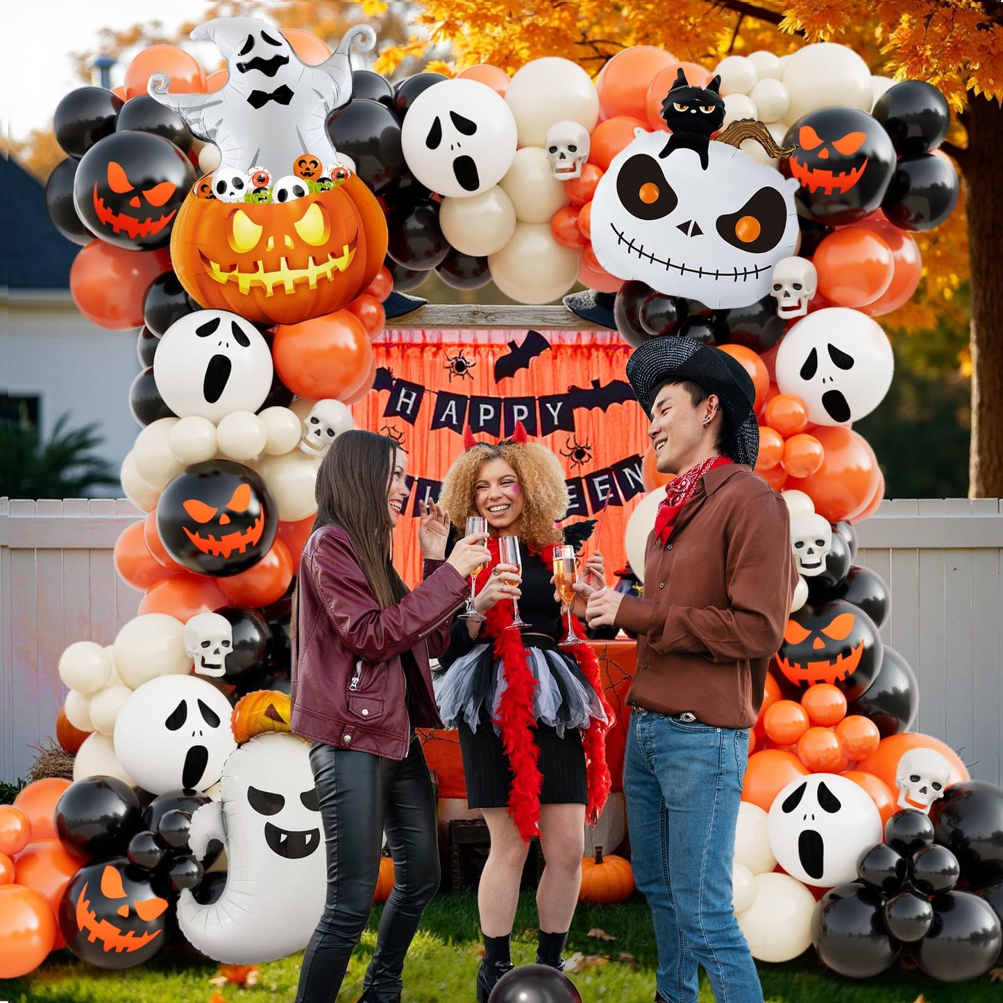 AobkDeco 152pcs Halloween Balloon Arch Kit - Orange, Lvory White & Black Balloons with Pumpkin, Ghost & Black Cat Foil Balloons for Halloween Party Decoration