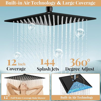 12'' Rain Shower Head with Handheld Spray, Black Shower Head High Pressure with 16'' Flexible Adjustment of Height/Angle Upgraded Extension Arm and 5 Setting Handheld Shower Head with Hose, Anti-leak