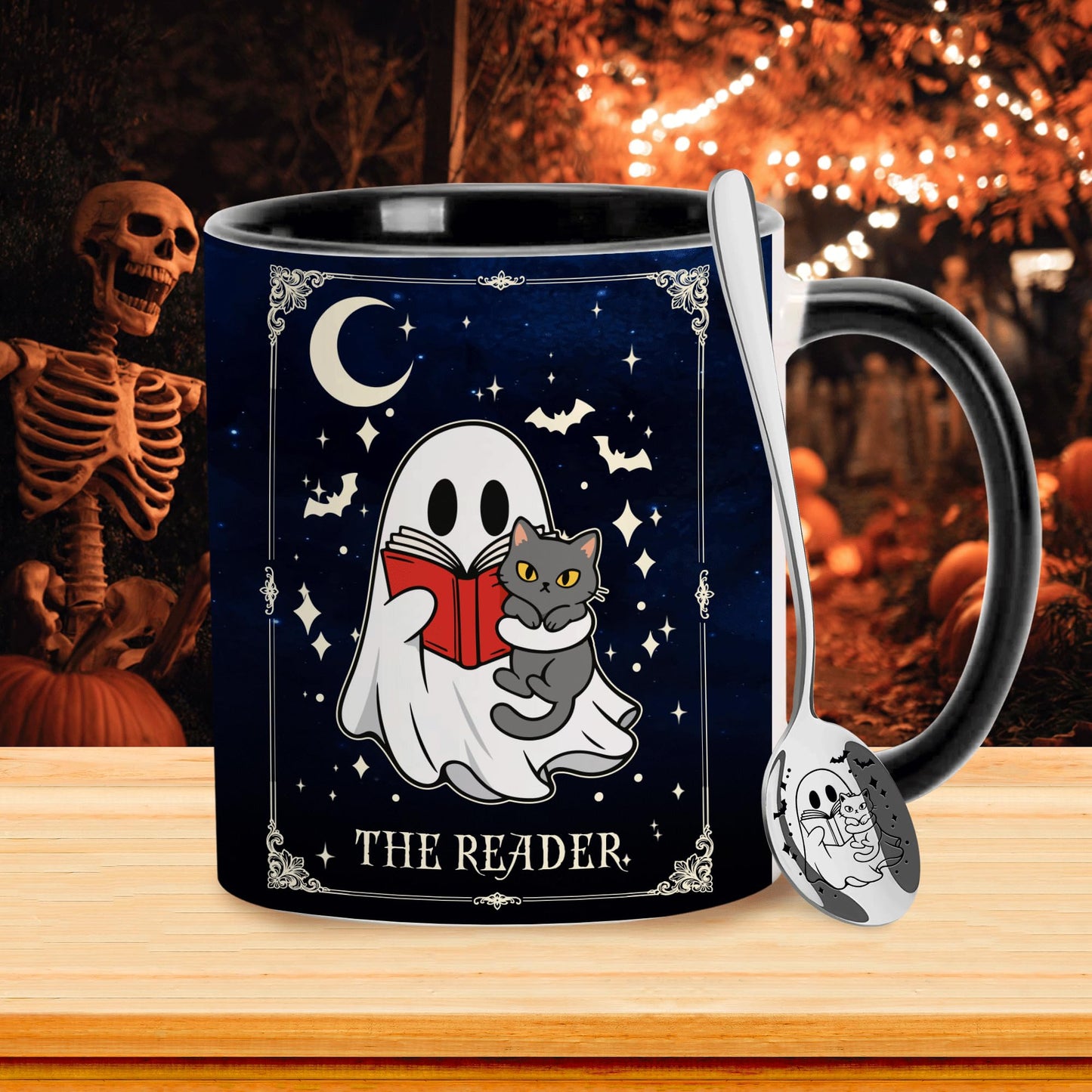 Hyturtle Cute Ghost with Cat Coffee Mug with Spoon for Halloween Birthday
