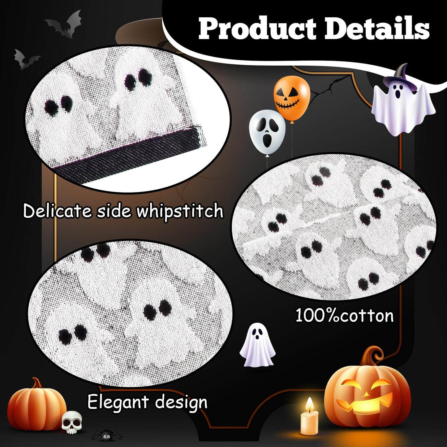 Quera 2 Pack Hand Towels Halloween Ghost Black White Bathroom Decorative Towels Set for Drying, Cleaning, Cooking, Holiday 13.7'' x 29.5''