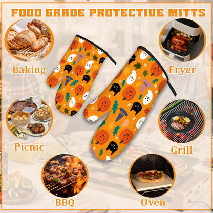 Halloween Pumpkins Oven Mitts and Pot Holders Set,Ghosts Black Cats Kitchen Decor Heat Resistant Non Slip Hot Pads and Oven Mitt for Chef Cooking Baking BBQ Mom Girl Gifts(4 Piece Set)