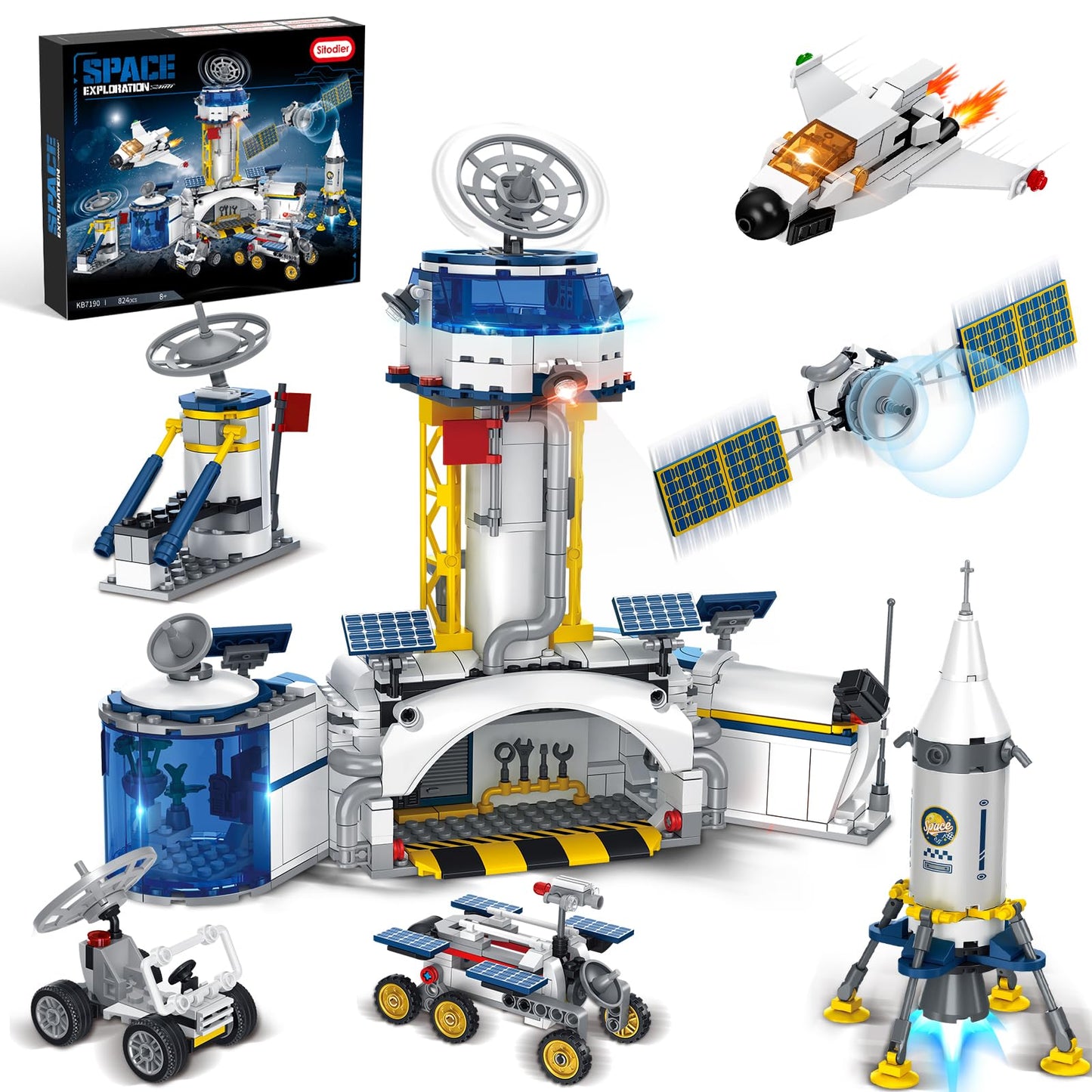 Sitodier Space Station and Rocket Launch Building Blocks Set, Space Exploration Toy for Creative Role Play, Explore Moon Bace Adventure Toy 1 Big and 6 Small Models for Kids Boys 7 8 9 10 11 12 13 14