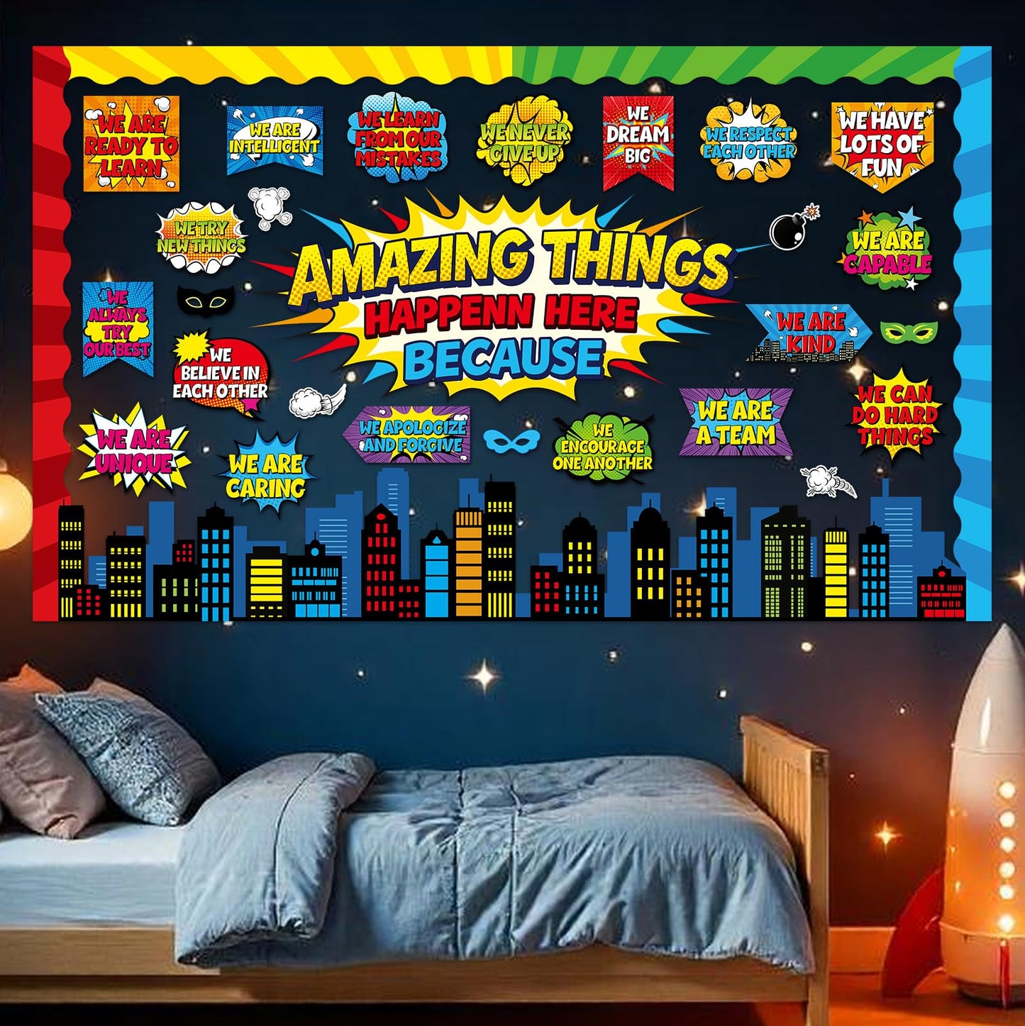 Hero Themed Bulletin Board Set Amazing Things Happen Here Classroom Decoration Motivational Positive Affirmation Super Themed Paper Cutouts for Tropical School Chalkboard Wall Decor Supplies