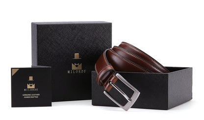 MILORDE Men's Genuine Leather Dress Belt, Handmade, Designs for Work Business and Casual (Size 30 (Waist 28), Burnt Umber)