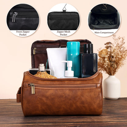 Seozata Toiletry Bag for Men, Hanging Travel Shaving Dopp Kit for Men and Women, Water-resistant Toiletries Organizer Bags, PU Leather Cosmetic Bags for Makeup Accessories (Black)