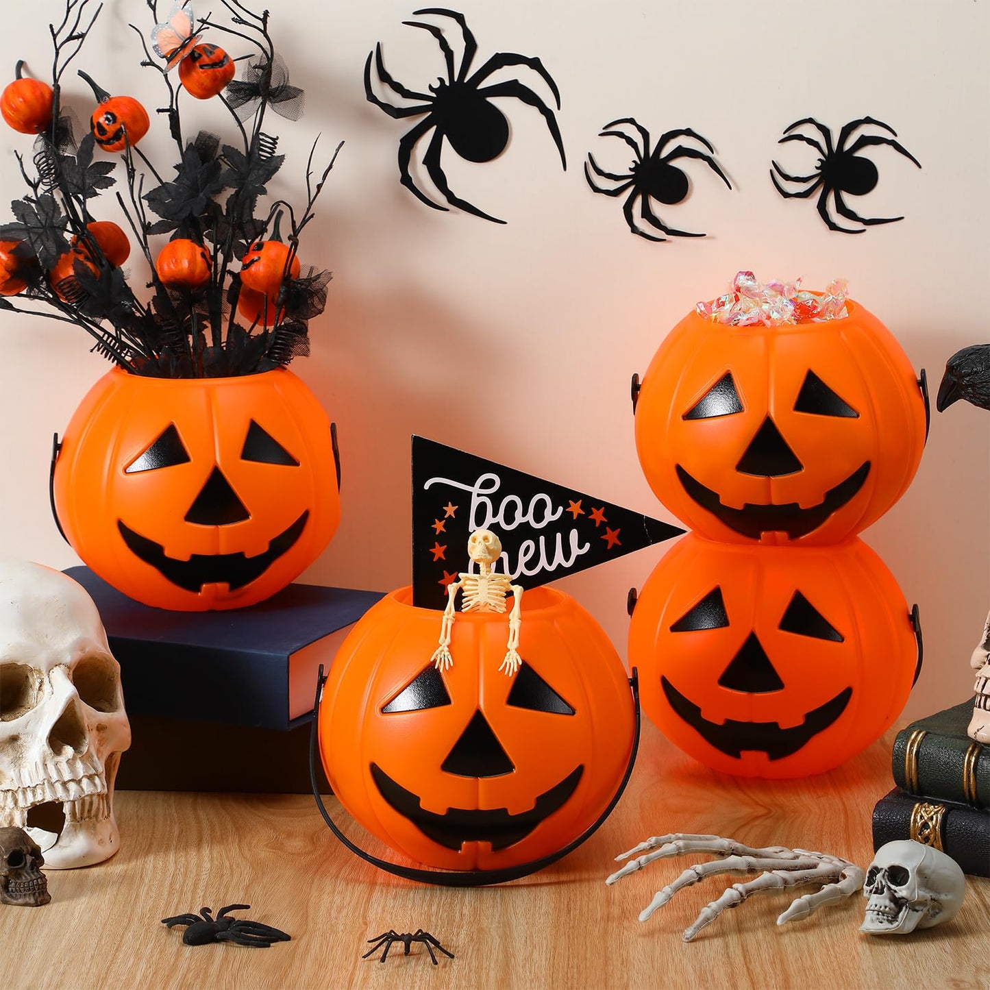 Beeveer 8 Pcs Plastic Pumpkin Buckets Trick or Treat Halloween Candy Baskets with Handle 6.7 x 5.1 Inches Plastic Pumpkin Large Candy Basket for Halloween Trick or Treat Party Supplies (Funny)
