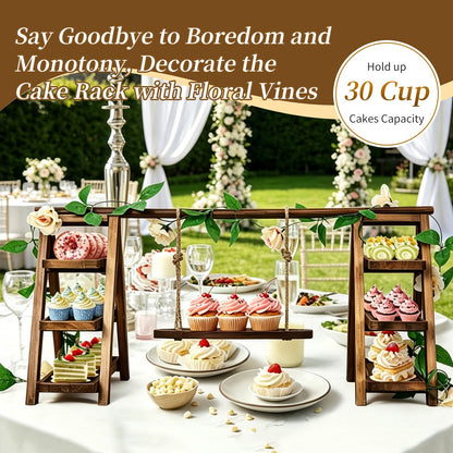 Large Wooden 3 Tier Swing Cupcake Stand with Flower Decor, Removable Trays, Foldable Ladder Display for Cake, Snacks, Fruit, Bread, Party & Catering Centerpieces