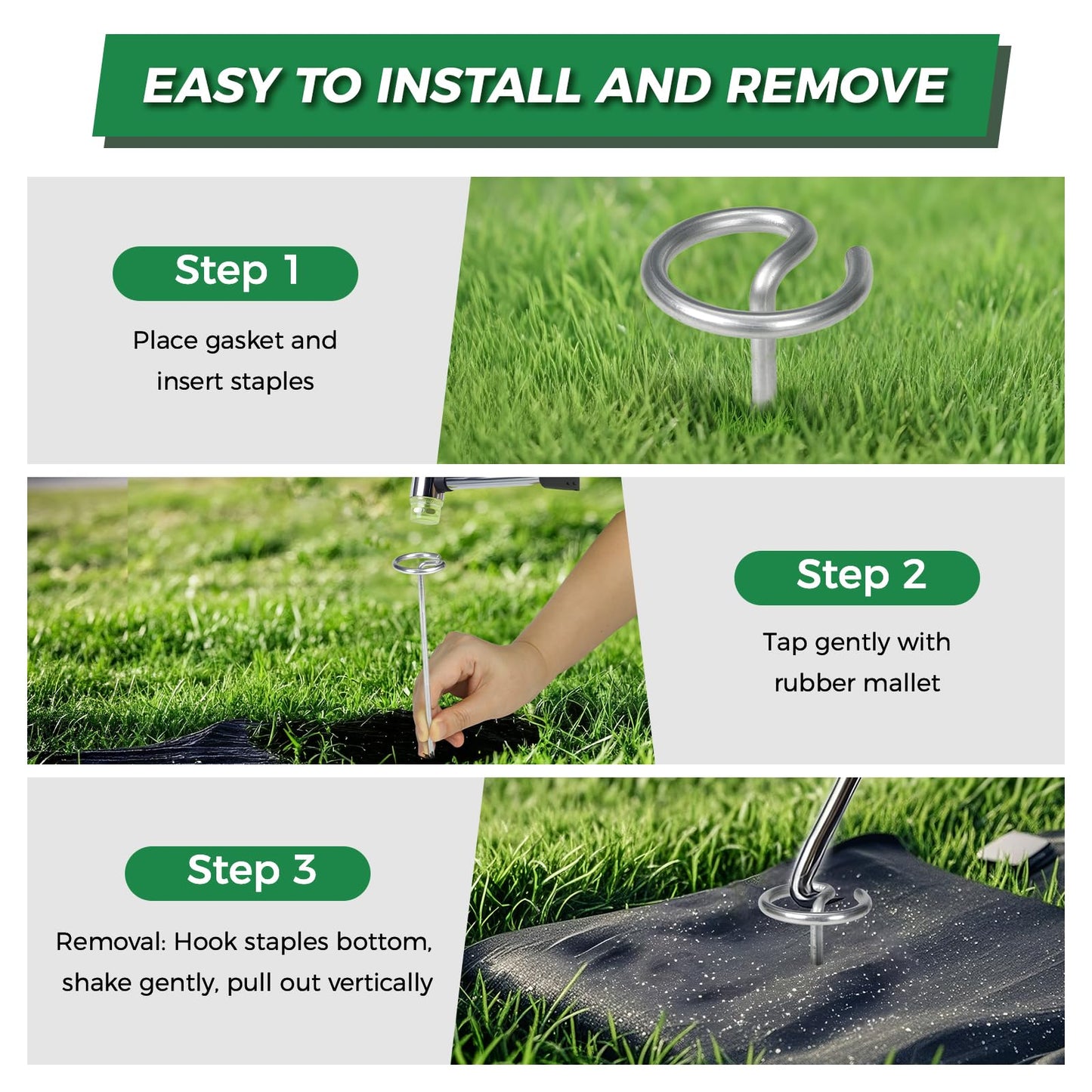 6 Inch Landscape Fabric Staples, 50Pcs Garden Stakes Galvanized +Pick Hook +Rubber Mallet, G Shaped Weed Barrier Stakes 11 Gauge Lawn Staples Landscape Pins for Yard, Sod, Weed Mat