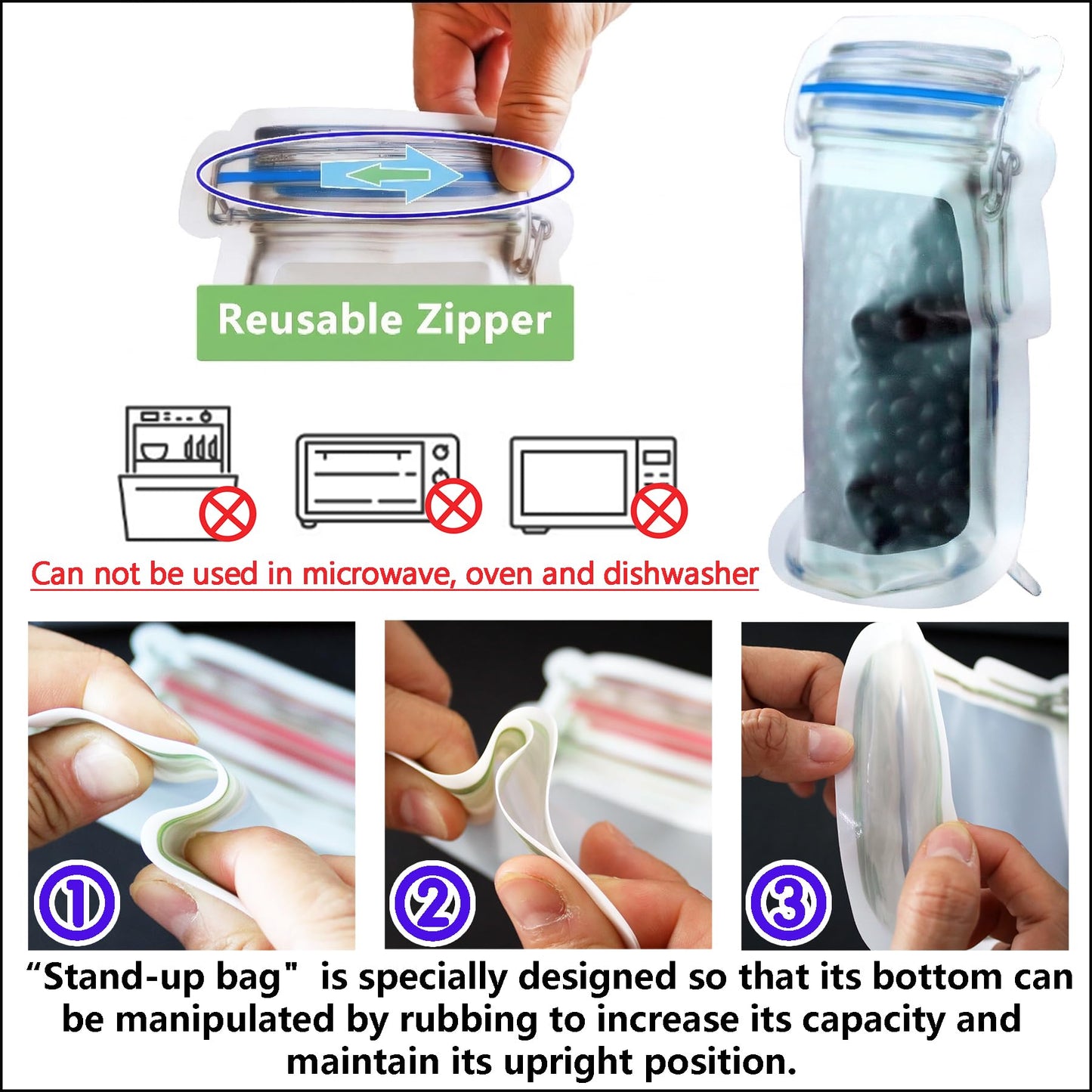 laffeya 20Pack 1000ml (9.7 * 6.6 * 4.7inch) Reusable Mason Jar Bags for Candy & Snacks - Leakproof Storage & Display