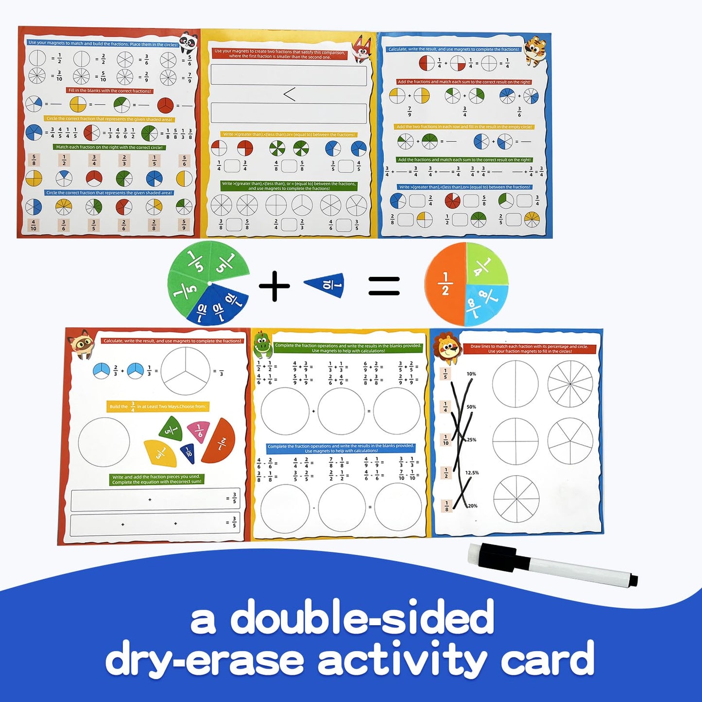 CABVIP Magnetic Fraction Tiles & Circles Set with Dry Erase Board - Montessori Math Manipulatives Kit for Grade 1-5, Homeschool Classroom Fraction Puzzles and Games