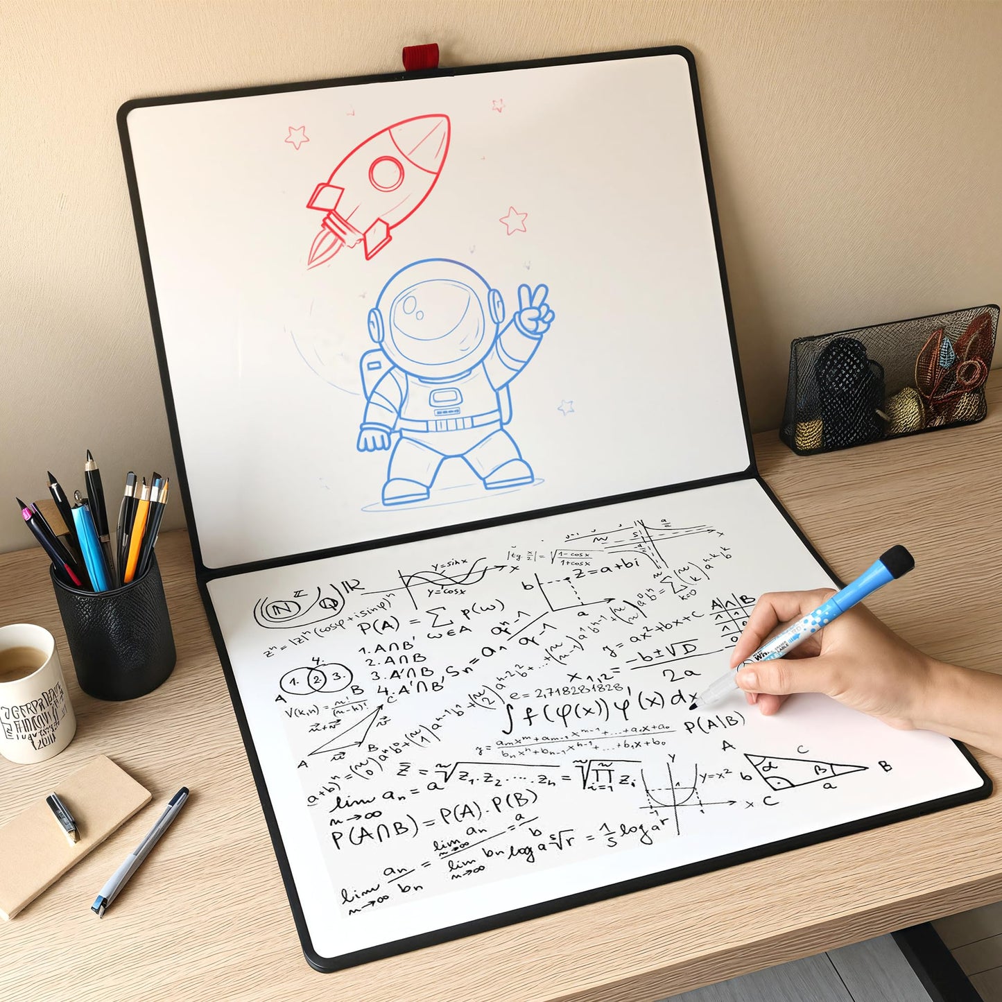 iNenya Double-Sided White Board 16×12inch - Expands to 24“×16” Dry Erase Board with 3 Markers & Anti-Ghosting Surface | Magnetic-Ready | Ultra-Thin for Office,School,Travel,Home(16"×12"-Black)