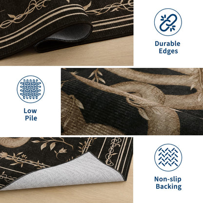 Garvee Snake Gothic 9x12 Area Rug Dark Whimsical Moody Witchy Unique Soft Thin Large Carpet for Living Room Bedroom Dining Room Playroom Indoor Decor Low Pile TPE Backing Black Gray