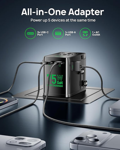 Wollzz 75W Tiny Universal Travel Adapter, GaN Fast Charging European Power Adapter with 5 Ports (1 AC, 1 USB-A, and 3 USB-C), Plug Adapter with Smart Chip for Over 200 Countries, PD&QC Charger
