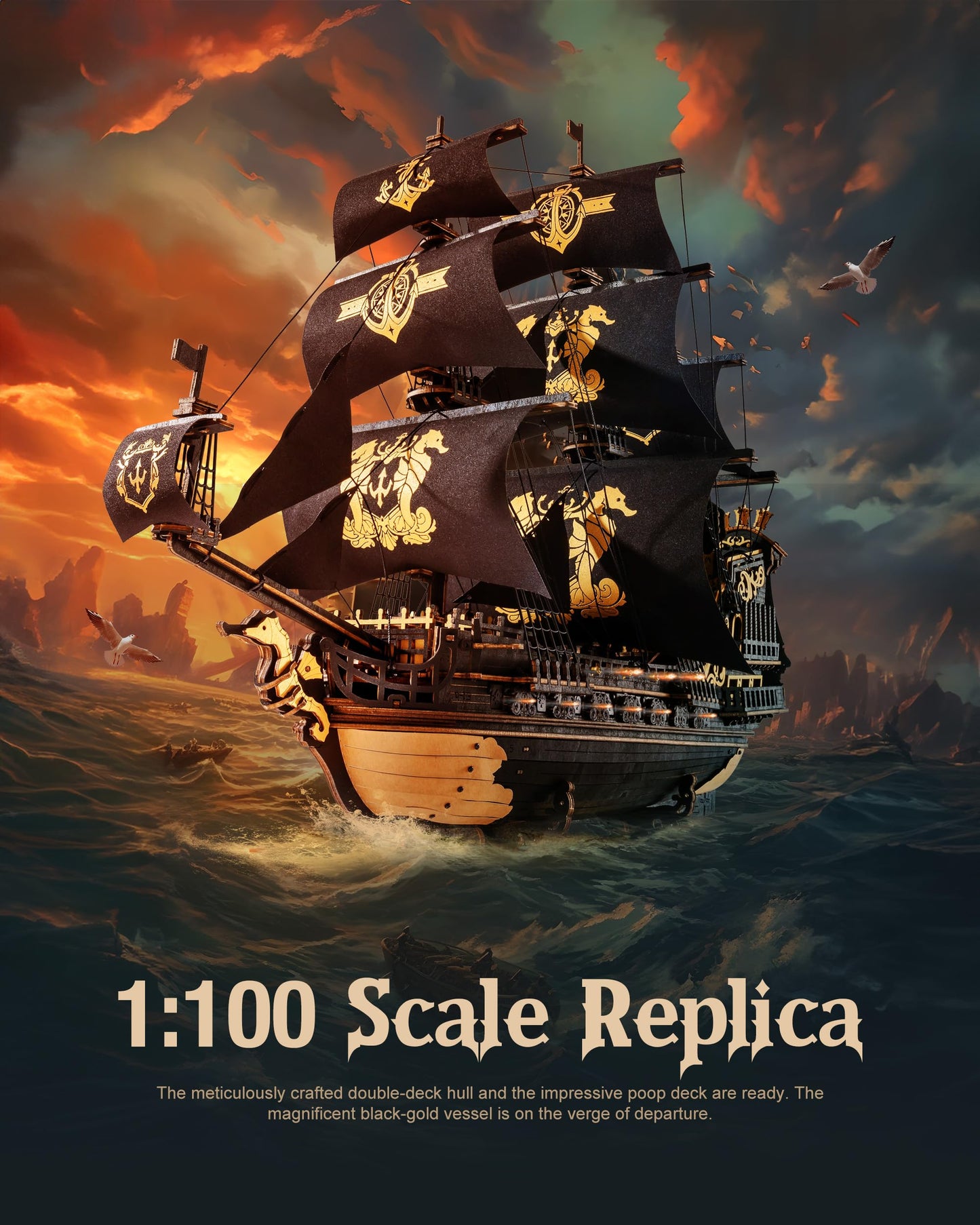 ROBOTIME Seahorse 3D Wooden Puzzles for Adults, Black Sailboat Model Kits for Boys and Men, Home Office Decor Gifts Pirate Ship Building (603 Pcs)