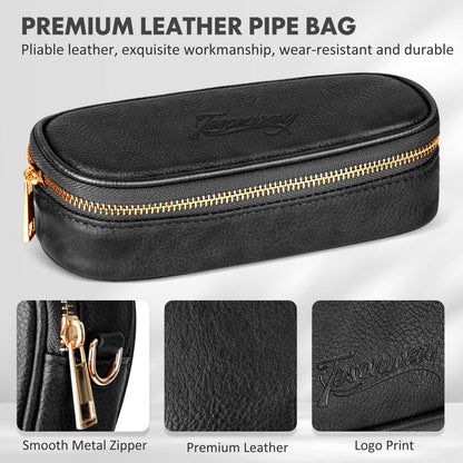 Tesonway Pipe Pouch, PU Leather Pipe Case/Pipe Bag for 2 Pipes and Pipe Cleaners, Screens, Tamper and Other Smoking Pipe Accessories, Pipe and Accessories Not Included (Black)